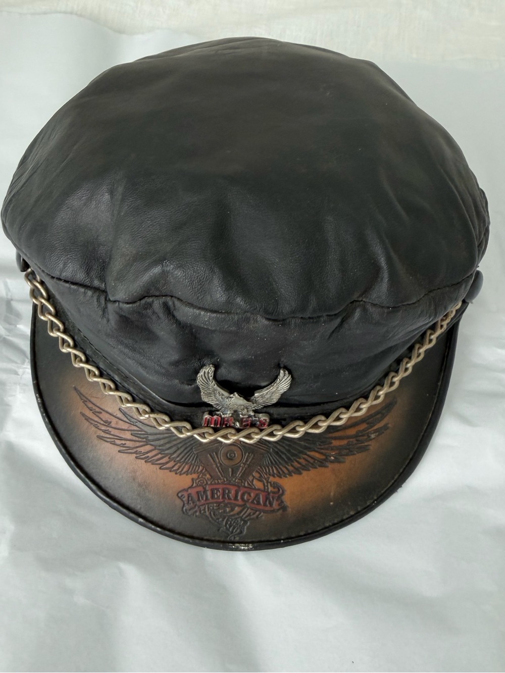 Vintage 90s Leather Biker Captain Hat USA Eagle Chain Moto Rocker Y2K Americana - Picture 13 of 16
